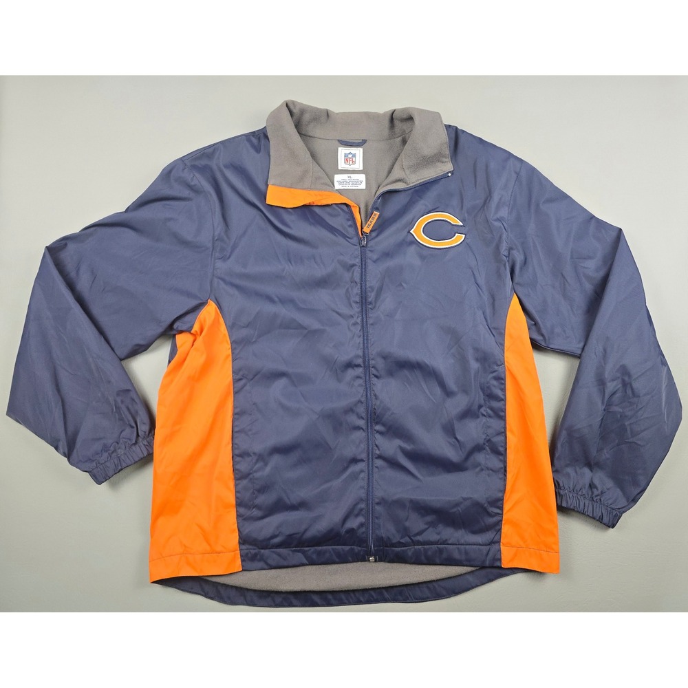 NFL Chicago Bears Full Zip Windbreaker Fleece Lined Jacket Navy Blue Orange XL